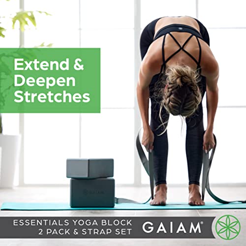 Gaiam Yoga Block - Supportive Latex-Free Eva Foam - Soft Non-Slip Surface with Beveled Edges for Yoga, Pilates, Meditation - color: Grey, style: 2 Blocks W/Strap