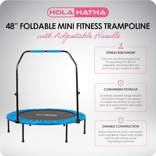 Portable Foldable Mini Trampoline Fitness Rebounder with 5 Level Adjustable Handle, Supports up to 440 Pounds, 48-Inch, Blue