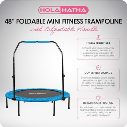 Portable Foldable Mini Trampoline Fitness Rebounder with 5 Level Adjustable Handle, Supports up to 440 Pounds, 48-Inch, Blue