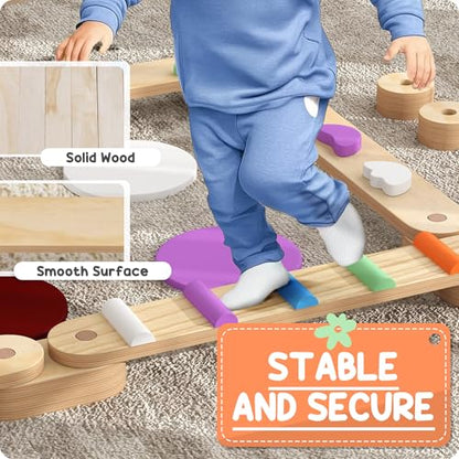 Qaba Kids Balance Beam, Wooden Balance Board with Stepping Stones, Gymnastics Obstacle Course for Toddlers 3-8 Years for Motor Skills Coordination, Indoor Outdoor Use