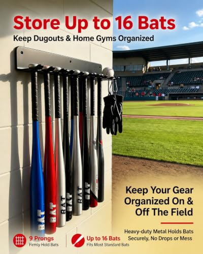 3MM Steel Baseball Bat Rack Wall Mount, 9-Prong Gym Storage Holder