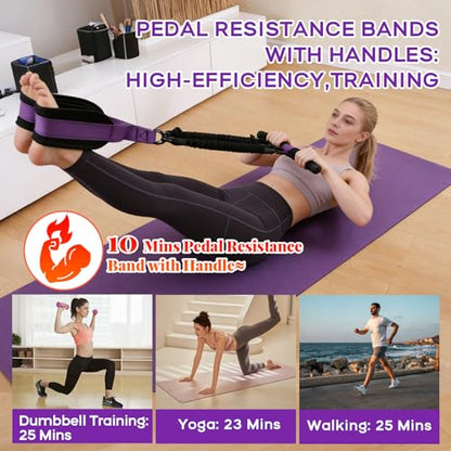 Multifunction Pedal Resistance Band with Handle, 30/40/50LB Adjustable Foot Pedal Puller Resistance Band with Poster & Storage, Extended Length Tension Rope for Men Women Full Body Workout Home Gym