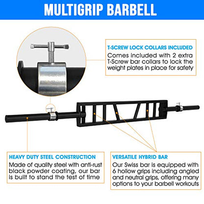 Yes4All Multi Grip Barbell & Cable Attachment - Swiss Bar, American Bar for Greater Range of Motion, with 2 Collars, Fits Olympic Weight Plates - Home Gym & Support Pressing, Lifting & Curls - color: A. Multigrip Barbell 400lbs