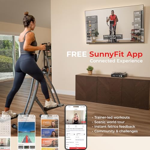 Sunny Health & Fitness Foldable Air Walk Elliptical, 30" inch Long Stride Glide Exercise Full-Body Cardio Cross Smart Trainer for Home Office, SunnyFit App via Bluetooth with Adjustable Resistance - style: Smart