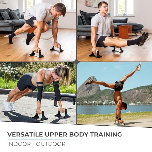 PULLUP & DIP Parallettes - Push Up Handles with Ergonomic Wooden Handles & Heavy-Duty Steel - Non-slip Parallettes Bars for Strength Training and Calisthenics - Press Up Handles for Push Ups