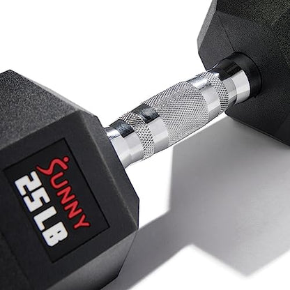 Sunny Health & Fitness Hex Style Dumbbell 5 LBS TO 50 LBS Chrome Handles, Hand Weight for Strength Training, Home Gym, Exercise, Workout Equipment Multiple Size Options