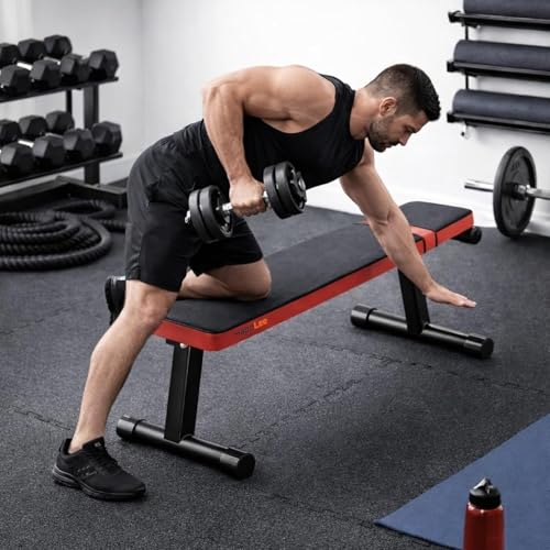 Happlee Flat Weight Bench for Home Gym Foldable Workout Bench for Dumbbell Exercise 618 lb Capacity Strength Training Bench Compact Bench Press Equipment for Small Space Apartment Garage Gym Black