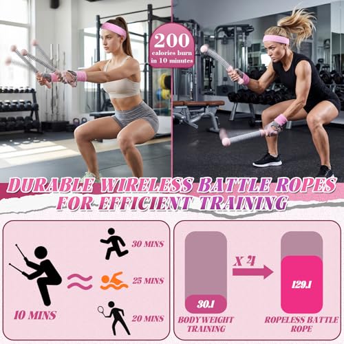 Outus 8 Pcs Weighted Ropeless Battle Ropes Set, 2 Pack Portable Cordless Battle Ropes Women Training Accessories with Gym Gloves Sports Sweatbands Headband for Home HIIT Strength Low-Impact Training