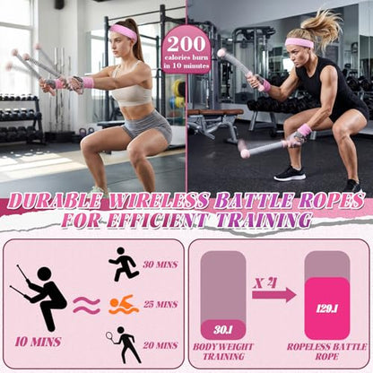 Outus 8 Pcs Weighted Ropeless Battle Ropes Set, 2 Pack Portable Cordless Battle Ropes Women Training Accessories with Gym Gloves Sports Sweatbands Headband for Home HIIT Strength Low-Impact Training