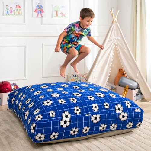 Sensory Crash Pad - Non Slip Bottom, Soft Fabric Sensory Pads, Landing Mat for Jumping, Relaxing & Play - 36" x 36", Blue Soccer Ball - color: Blue Soccer Ball, size: 36" X 36"
