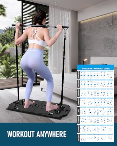 Foldable Push up Board, ABS Pushup board with Portable 15 in 1 for Men & Women, Pilates Bar Kit with Latex Resistance Bands, Home Exercise Equipment