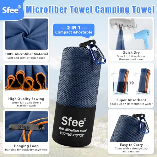 2 Pack Microfiber Travel Towel, Quick Dry Towel Camping Towel Beach Towel Super Absorbent Compact Lightweight Sports Gym Towels Set for Beach, Gym, Hiking, Pool, Backpacking, Bath, Yoga