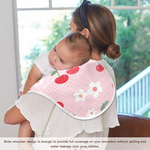 Pink Cherries Muslin Burp Cloths 2 Pack - Extra Large 22"x11", 4-Layer Soft Absorbent Cotton, Waterproof Backing, Baby Drool Rags for Newborn