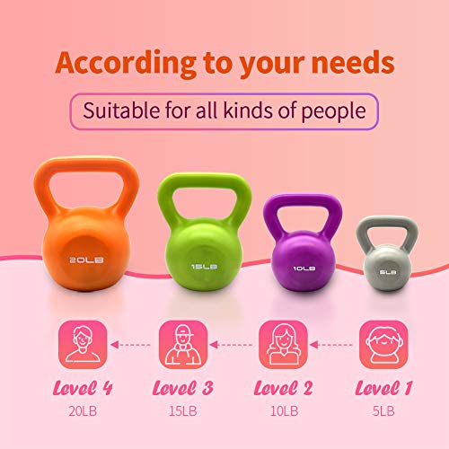 Women Exercise Kettlebells 50LBs Set with Vinyl Coated Strength Training Kettle Bell for Home Workout, Strong Grip Weights 5/10/15/20lb Included