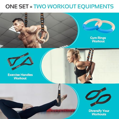 Wooden Gymnastic Rings with Adjustable Numbered Straps. 1.25'' Olympic Rings for Core Workout, Crossfit, Bodyweight Training. Home Gym Rings with 8.5ft Exercise Straps and Workout Handles.