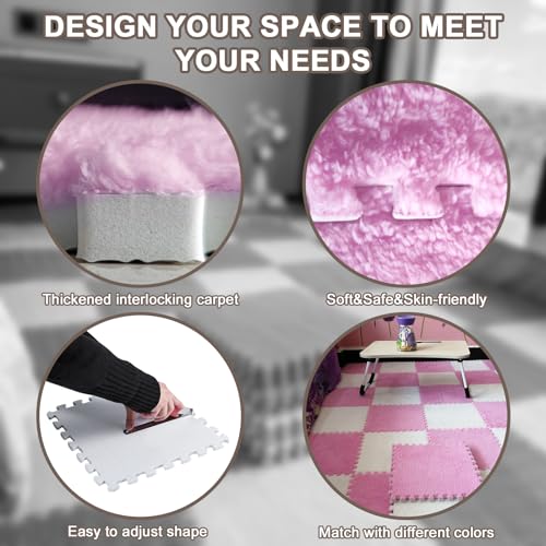 16 PCS Plush Interlocking Carpet Tiles, 0.6" Thick Soft Foam Floor Mat for Baby Crawling, Kids Playroom, Nursery, Bedroom, Living Room & Home Office, Non-Slip Puzzle Floor Tiles(11.8ft, Pink) - color: Pink