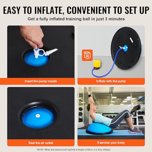 VEVOR Half Exercise Ball Trainer, 23/26 inch Balance Ball Trainer, 1500lbs Capacity Stability Ball, Yoga Ball with Resistance Bands & Foot Pump, Strength Fitness Ball for Home Gym Full Body Workout - color: 23" Particle Blue