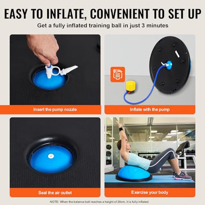 VEVOR Half Exercise Ball Trainer, 23/26 inch Balance Ball Trainer, 1500lbs Capacity Stability Ball, Yoga Ball with Resistance Bands & Foot Pump, Strength Fitness Ball for Home Gym Full Body Workout - color: 23" Particle Blue
