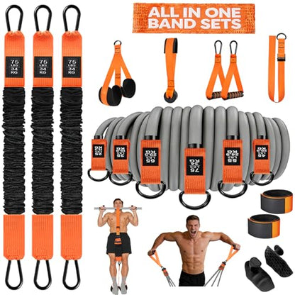 2 in 1 18PCS Heavy Resistance Bands & Assisted Pull Up Bands Combo – 300LBS/225LBS with Non-Slip Handles, Ankle Straps, Door Anchor, Adjustable Bands & Foot Pedals for Strength Training