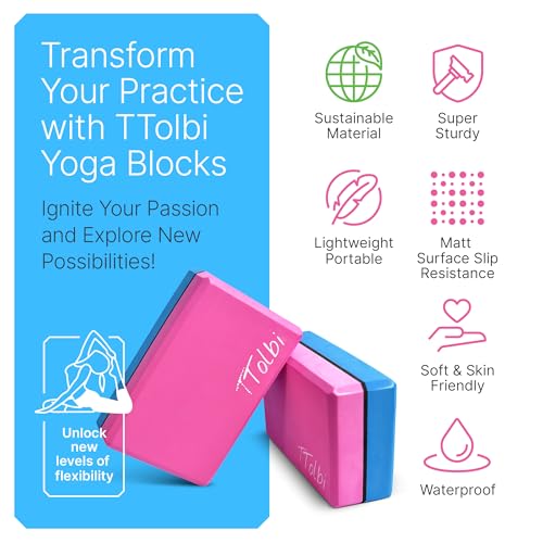 Yoga Blocks 2 Pack with Strap and Guide – Soft Non-Slip EVA Foam Blocks - color: Pink/Blue - Stretch Band Blue