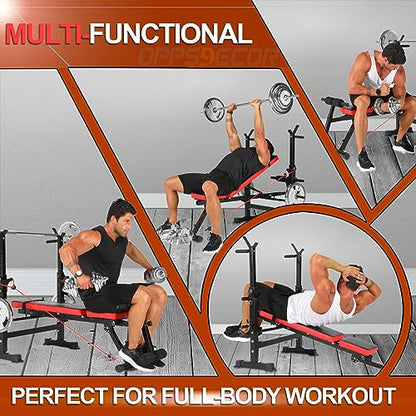 Standard Weight Bench Set with Foot Catch, Adjustable Bench Press Set with Squat Rack, Foldable Flat Incline Decline Workout Bench for Home Gym Full Body Training, 660LB Capacity (US Stock)