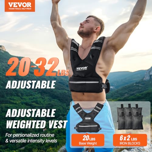 VEVOR Adjustable Weighted Vest, 11-20lb/20-32lbs/35lbs/40lbs Weight Vest with 6 Ironsand Weights and Reflective Stripe, Workout Equipment for Strength Training Running Jogging - color: 20-32 lbs