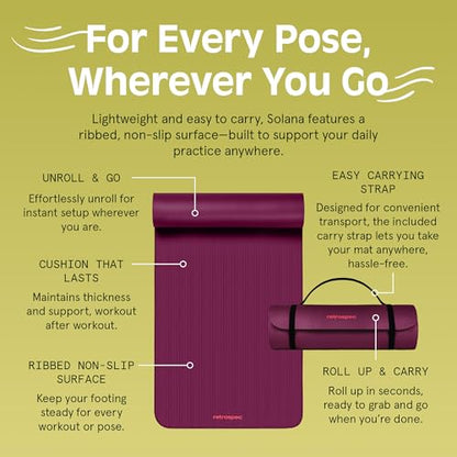 Retrospec Solana Yoga Mat Thick 1/2in Non-Slip Workout Mat with Nylon Strap - 72x24in Exercise Mat for Pilates, Stretching & Fitness - BPA Free, Easy Clean - color: Boysenberry