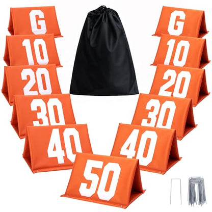Set of 11 Standing Football Yard Markers, High Visibility Football Field Line Signs with Carrying Bag, Orange Field Yard Markers for Sport Training Equipment