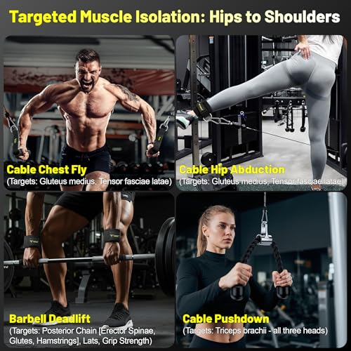 Cable Attachments for Gym, LAT Pulldown & Cable Machine Attachment Set: V-Shaped Bar, Rotating Straight Bar, V Rotation Handle, Nylon Tricep Rope, Ankle Straps & Handles, Home Gym