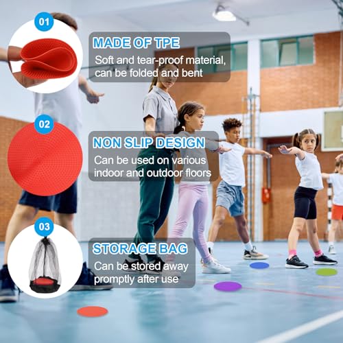 4 Inch Poly Spot Markers, 12Pcs Non Slip Rubber Floor Dots with Storage Bag Flat Agility Cones for Sports Training Basketball Football, Red