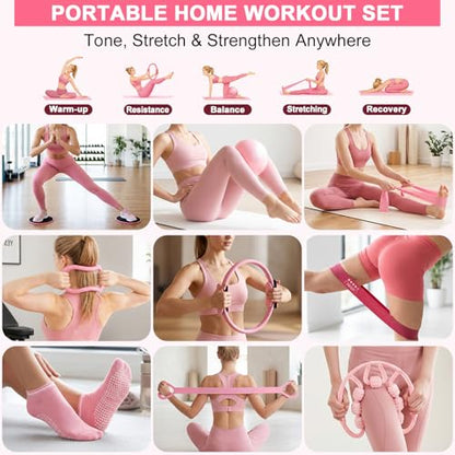 Pilates Set for Women, Pilates Kit for Home Workout Equipment with Pilates Ring, Ball, Resistance Bands, Sliders & Muscle Roller, All-in-One Pilates Starer Kit for Beginners, Full Body Toning