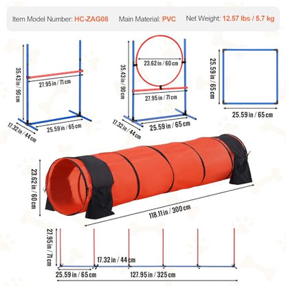 VEVOR Dog Agility Training Equipment, Dog Obstacle Course Backyard Set with Adjustable High Hurdles,6 Weave Poles,Extended Tunnel,Jump Ring,Pause Box,Whistle Foldable Bowl Training Pouch Storage Bag - size: 8 Pcs Set