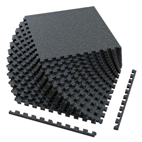 Giantex 12-Pack Interlocking Rubber Gym Floor Mats, 0.79'' Thick 24''x24'' Puzzle Tiles with Border Strips, 48 sq.ft Anti-Slip, Noise-Reducing Flooring for Home Workout Exercise (Black/Blue Speckled) - size: 0.79'' | 12 Tiles | 48 Sq Ft