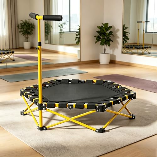 Foldable Mini Trampoline, Rebounder Trampoline with Adjustable Foam Handle Height Adjustable Trampoline Recreational Workout Indoor Home Gym Max Load 440lbs - color: Yellow