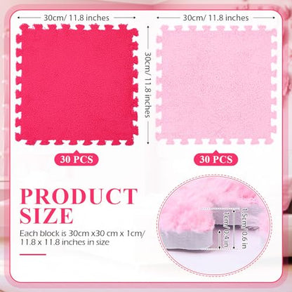 60 Pieces Plush Puzzle Foam Floor Mat Square Interlocking Carpet Tiles with Fluffy Play Mat Floor Tiles Soft Climbing Area Rugs for Living Room Floor Gym Area(Pink, Rose Red)