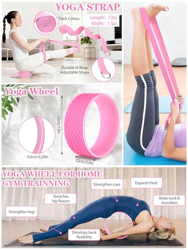 17 Pcs Yoga Essential Kit for Women, Pilates Equipment Starter Set for Beginners with Yoga Wheel Ball Blocks Strap Resistance Bands Wrist Rings Socks Towel & Carry Bag for Home Workouts