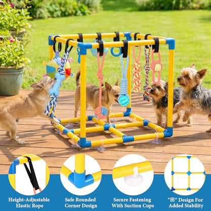 WLLEYAY Puppy Play Gym for Small Dogs 10 Hanging Toys,Interactive Dog Toys | Removable Indoor Jungle Gym,PVC Frame With Adjustable Bungee Straps, Interactive Tug Toys,Dogs Rope Toy To Keep Them Busy - color: Yellow & Blue