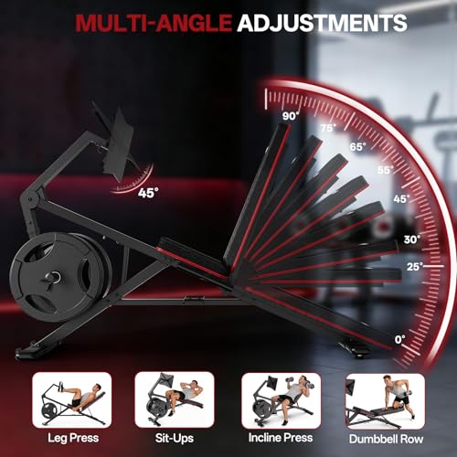 PASYOU Adjustable Weight Bench for Home Gym, Leg Press Machine – Adjustable Foot Plate Weight Bench with Leg Press, Compact Fitness Bench for Glutes, Quads, Compatible with 1'' and 2'' Weight Plates