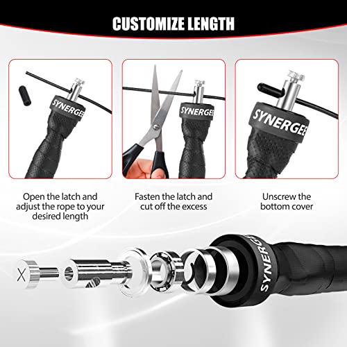 Synergee Jet Black Speed Jump Rope - (2) Adjustable 10 Ft Cable - Steel Ball Bearings - For CrossFit, MMA, Boxing & Fitness, Anti-Slip Handles.