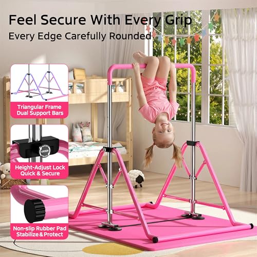 Expandable Kids Gymnastics Kip Bar - Upgraded Dual Base, Folding Adjustable Height 44''-60'', 350LBS Weight Limit, Anti-Slip Suction Feet, Home Training Bar for Kids Ages 3-13 (Pink) - color: Pink with rings and mat