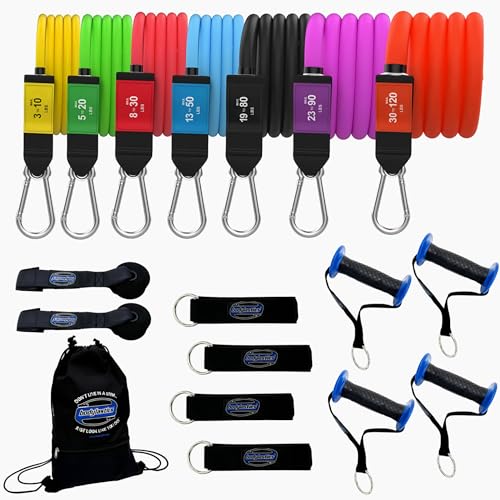 Bodylastics Patented Basic Series Resistance Band Set - Resistance Bands with Snap Reduction Tech, 2 Handles, 2 Ankle Straps, 1 Door Anchor & 1 Carry Bag - color: PRO 3-400LBS Set Assorted