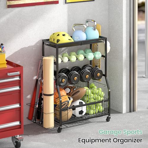 Home Gym Storage Rack, Dumbbell Rack with Yoga Mat Storage, Weight Rack Stand with Lockable Wheels and Hooks, Home Workout Equipment Organizer for Yoga, Dumbbell, Kettlebells, Ball Storage