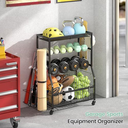 Home Gym Storage Rack, Dumbbell Rack with Yoga Mat Storage, Weight Rack Stand with Lockable Wheels and Hooks, Home Workout Equipment Organizer for Yoga, Dumbbell, Kettlebells, Ball Storage