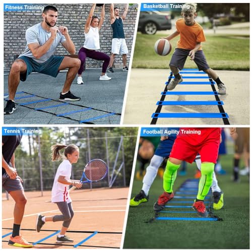 Soccer Agility Training Equipment, Includes 20ft Agility Ladder, 6 Adjustable Agility Poles, 10 Disc Cones, Jump Rope-Speed Training Set for Soccer Football Basketball Athletes - color: Blue