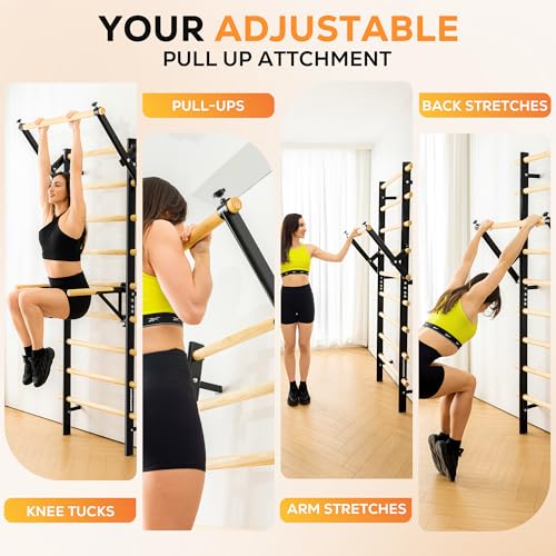 Swedish Ladder, Wood Stall Bar, Swedish ladders Wall Gym Adult, Adjustable Pull Up and Dip Station for Adults and Kids, 9-Anchor Solid Pine, Home Fitness