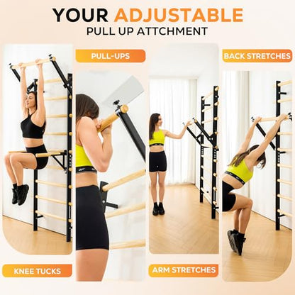 Swedish Ladder, Wood Stall Bar, Swedish ladders Wall Gym Adult, Adjustable Pull Up and Dip Station for Adults and Kids, 9-Anchor Solid Pine, Home Fitness