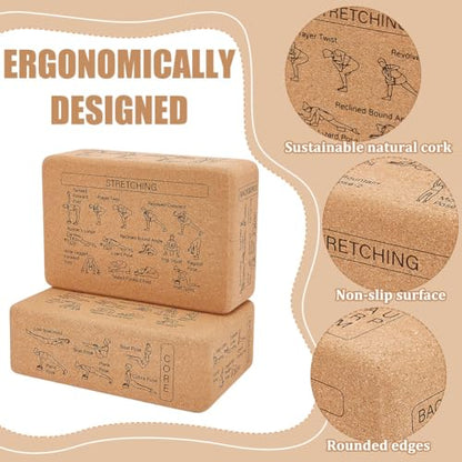 INFUNLY 2 Pack Cork Yoga Blocks Yoga Poses Teaching Cork Block 8.9x5.9x2.95 Inch Set with 8 Ft Strap and Canvas Bag Non Slip Fitness Blocks for Pilates General Fitness Stretching