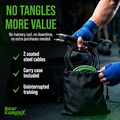 Bear KompleX Speed Jump Rope - Adjustable Tangle-Free Skipping Rope, Lightweight Handles, Smooth 360° Swivel Bearings, 2 Steel Cables, Free Carrying Case - color: Black/Green