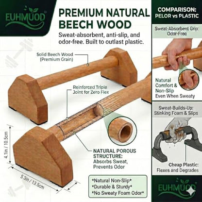 Wooden Push Up Bars Suitable for Home Gym Fitness Training Equipment Solid Beech Wood Parallettes Pushup Stands with Non-Slip Rubber Base for Wrist Comfort and Calisthenics Workout
