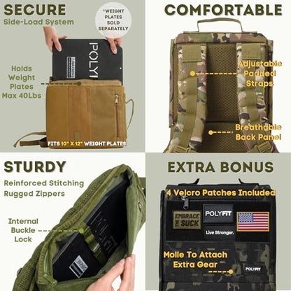 Polyfit Rucking Backpack 2.0 - Weighted Ruck Pack for Weight Plates - Patent Pending Side-Loading Rucksack for Walking, Running, Rucking, Strength and Endurance Training - Black